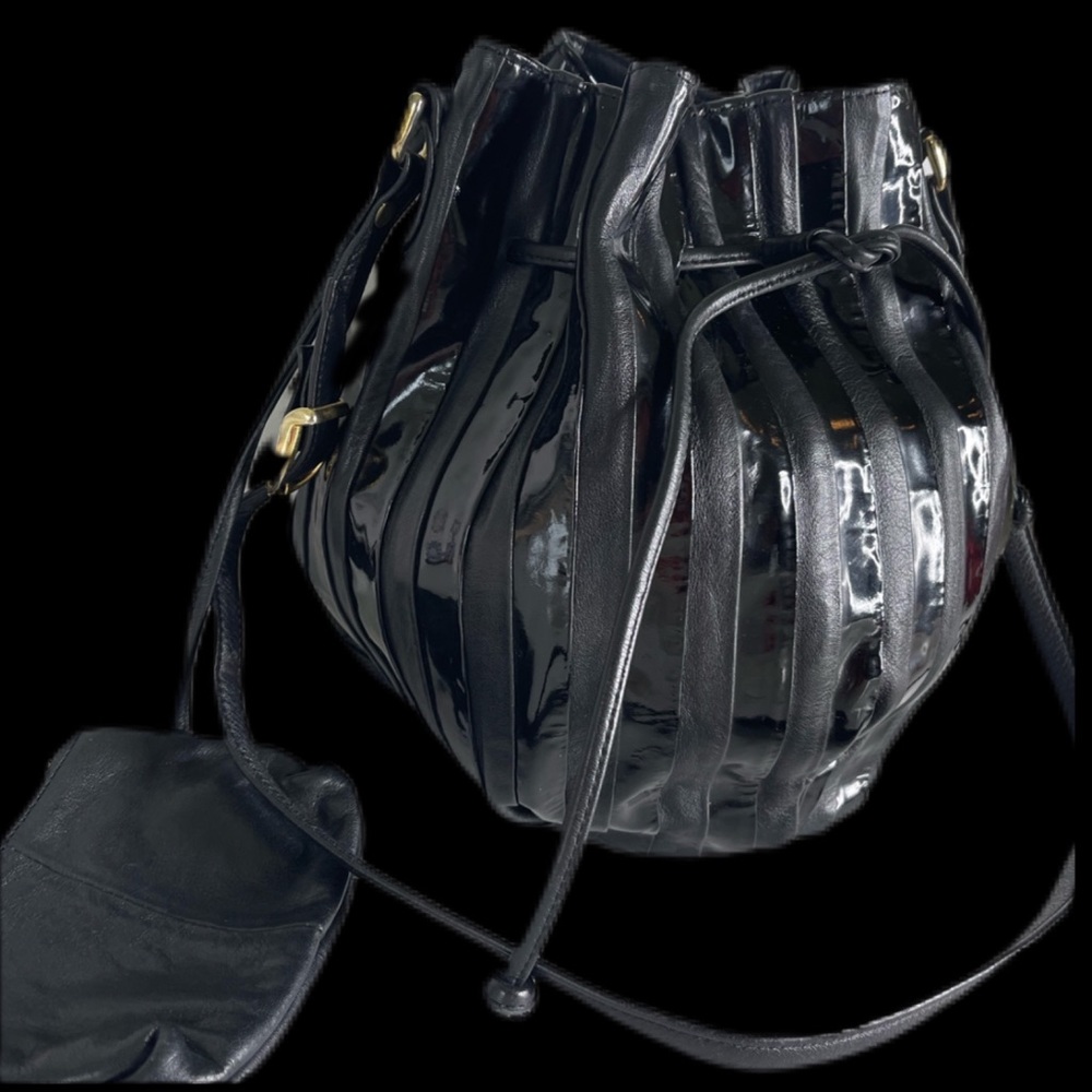 Black Leather and Patent Stripe Bucket Drawstring Shoulder Bag